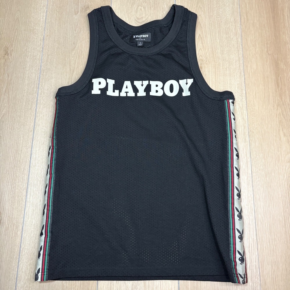 Playboy by PacSun Mens Black Mesh Basketball Jersey Tank Top Small Logo Tape